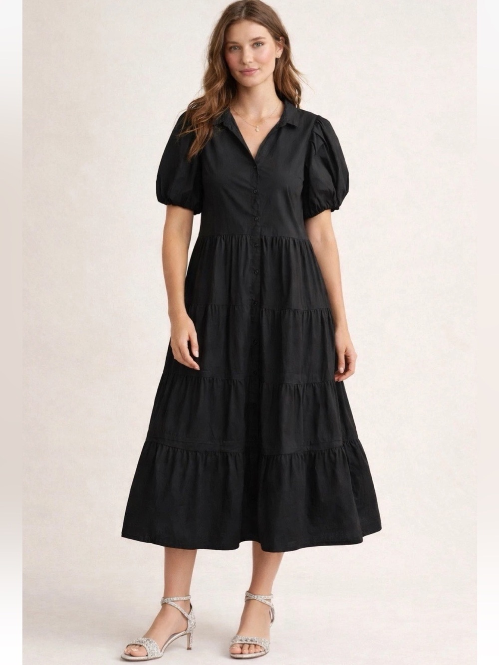 Sundance Black Tiered POPLIN COTTON Maxi Midi Dress Button up Puff Sleeve Sz XL